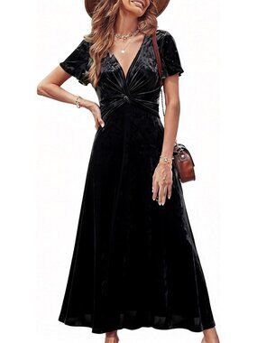 Elegant Velvet Maxi Dress - Short Sleeve, Twist Front, V Neck - Perfect Wedding